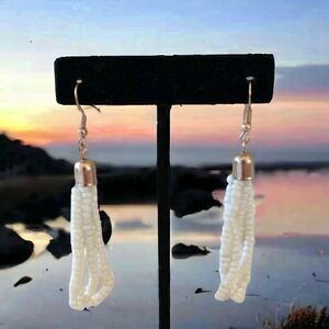 Vintage Seed Bead Earrings Tassel Dangle Pierced White Gold Tone Beach Bohemian.